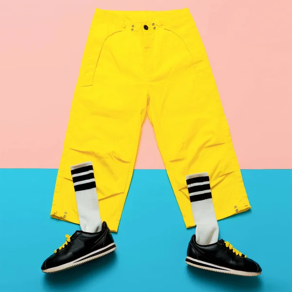 Fashion Training Snackers and yellow hipster trousers . Art mini — Stock Photo, Image