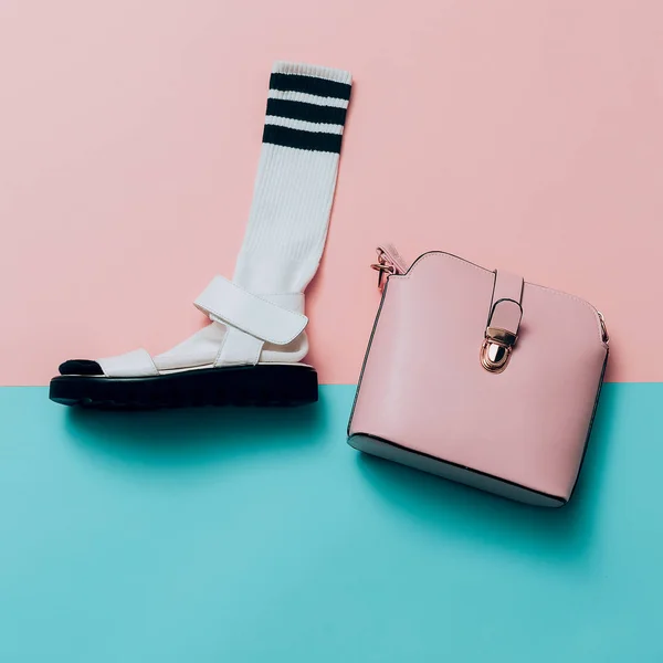 Sandals and socks. Bag. Summer minimal creative. Hipster style T — Stock Photo, Image