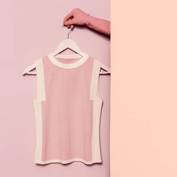 Stylish clothes. Minimal fashion. Pink top on a hanger. Wardrobe — Stock Photo, Image