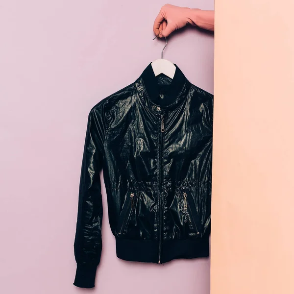 Stylish clothes. Spring season. Black jacket trend wardrobe idea — Stock Photo, Image