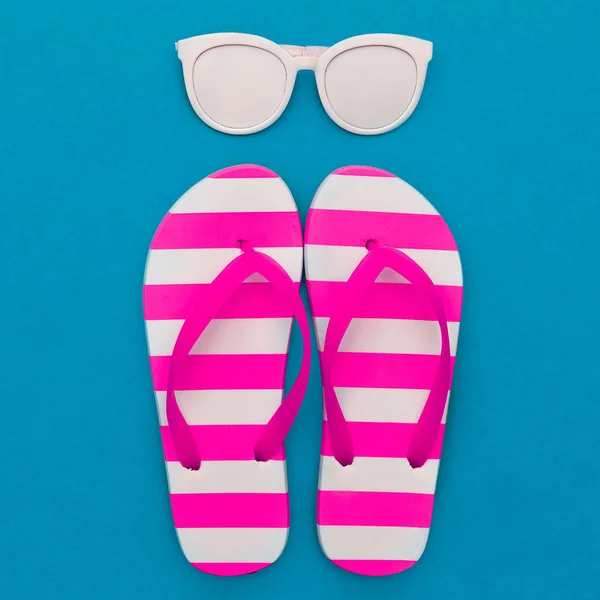 Beach season is open. Marine style. Flip-flops, stripes, sunglas — Stock Photo, Image