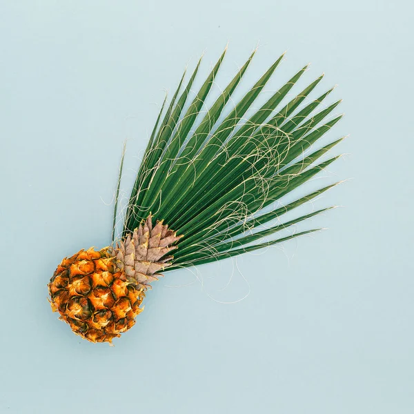 Mini ananas ve palmiye yaprağı. Tatil kavramı. Minimal sanat desi — Stok fotoğraf