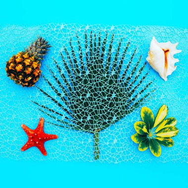 Tropikal deniz ayarlayın. Ananas, kabuklar, palm. En az