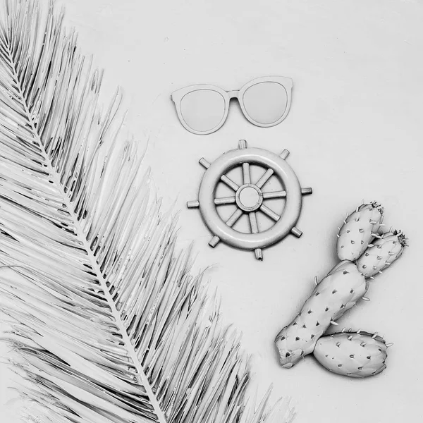 Sea set. Cactus, glasses, helm. White paint. Minimal — Stock Photo, Image