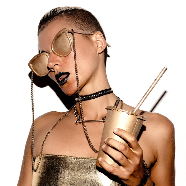 Swag Girl Luxury style. Gold Party. Gold Accessories Vip — Stock Photo, Image