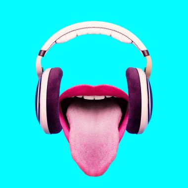 Listen to funny music. Headphones and crazy mouth. Minimal art d