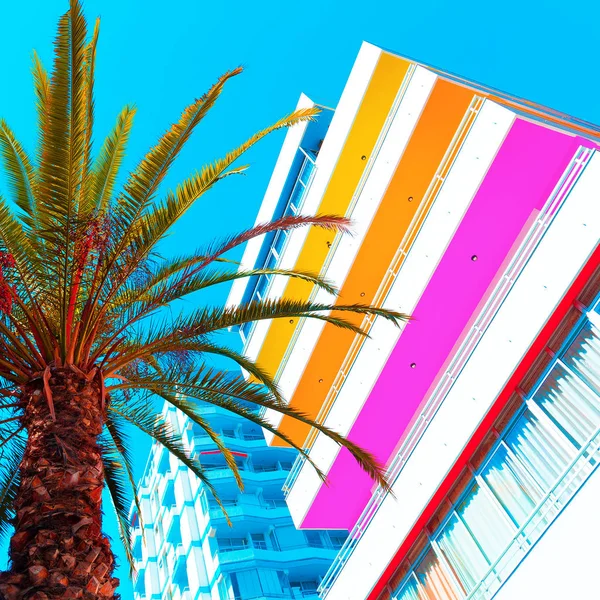 Tropic life in colorful. Palma and hotel. Art fashion design — Stock Photo, Image