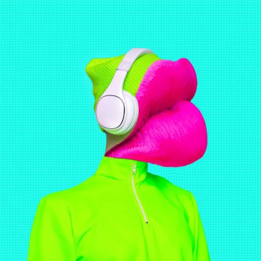 Çağdaş sanat kolaj. Dudaklar Dj Müzik tarzı. Minimal tasarım.