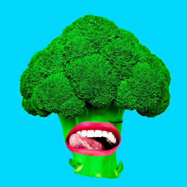 Fun Art collage Vegan Vibrations Broccoli and lips. Contemporary — Stock Photo, Image