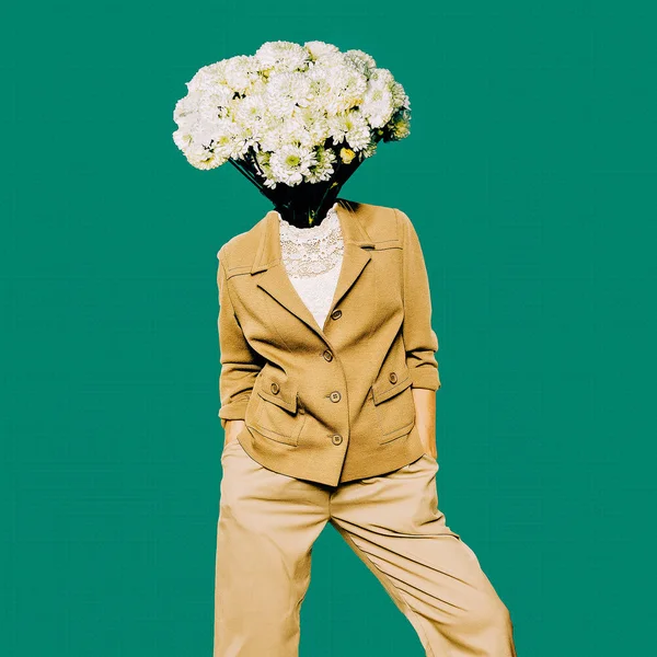 Minimal Vintage Lady. Head Bouquet. Contemporary Art. — Stock Photo, Image