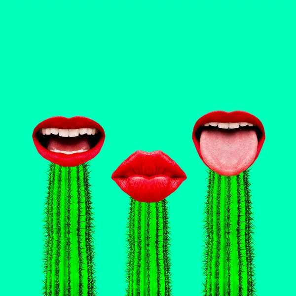 Contemporary art collage. Set of cactus and red lips. Emotions.