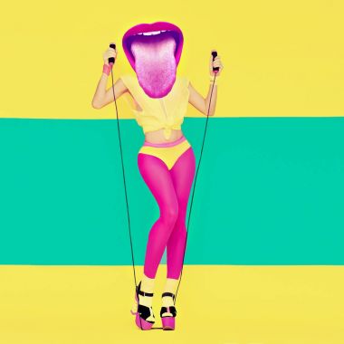 Çağdaş sanat kolaj. Komik Lady pembe dudaklar. Makyaj ruj 