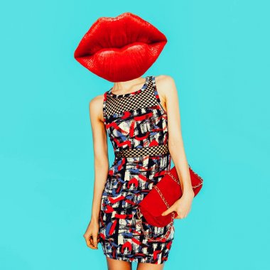 Çağdaş sanat kolaj. Minimal tasarım moda kavramı kırmızı dudak