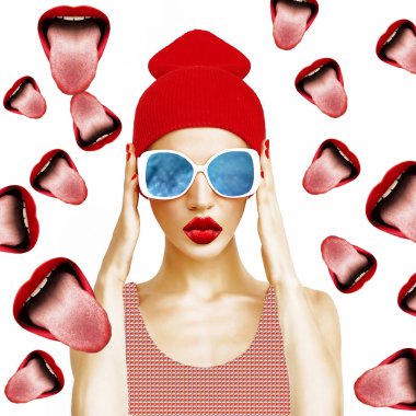 Contemporary art collage. Visual art. Party Girl and Lips backgr clipart