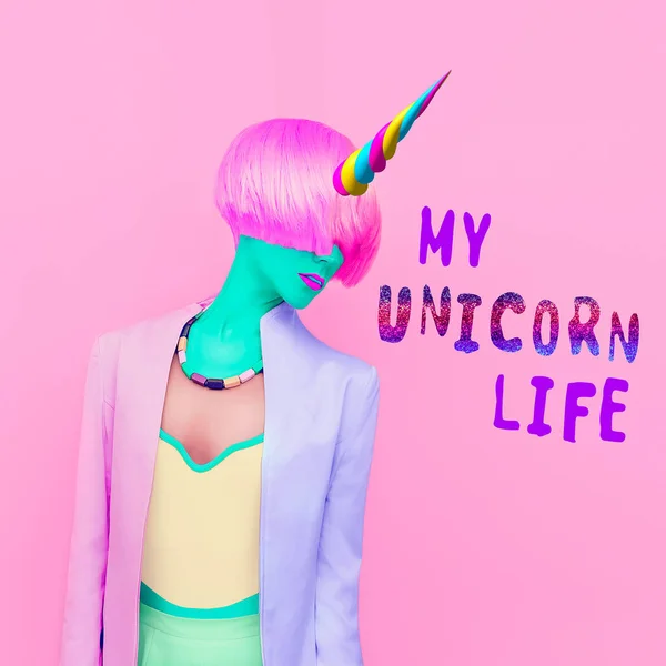 Collage de arte contemporáneo. Chica colorida. Mi vida de unicornio. Minima. — Foto de Stock