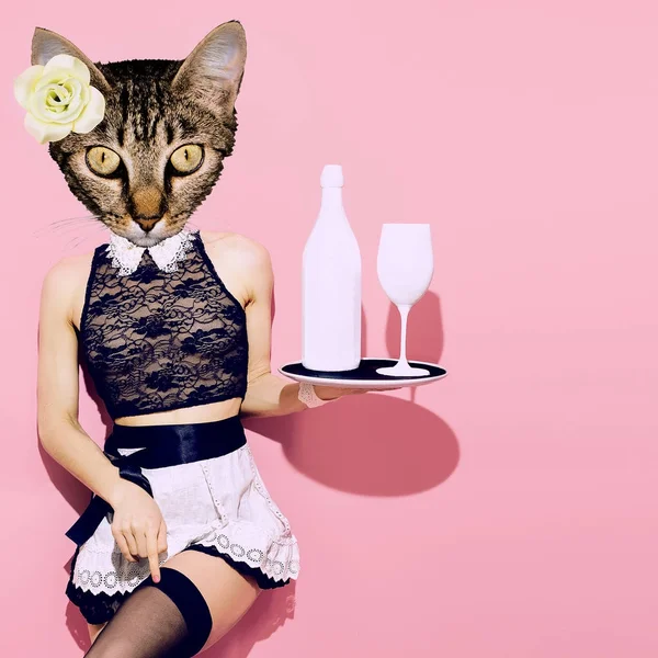 Contemporary art collage. Sexy Kitty waitress. Minimal fashion m — Stock Photo, Image