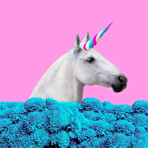 Collage de arte contemporáneo. Concepto mi vida de unicornio. Unicornio blanco — Foto de Stock