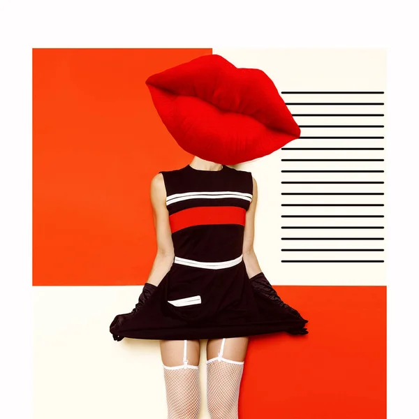 Contemporary art collage. Geometry and make-up concept. Red lips — Stock Photo, Image