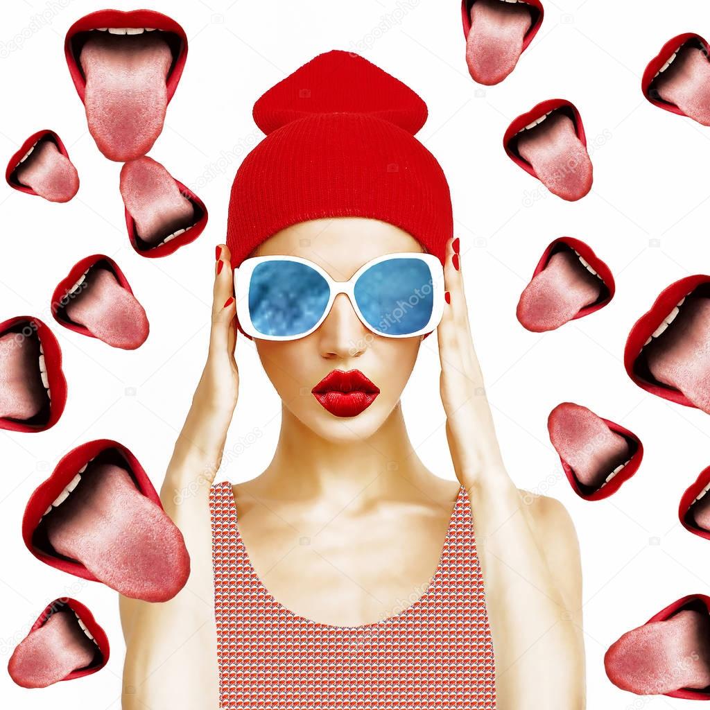 Contemporary art collage. Visual art. Party Girl and Lips backgr
