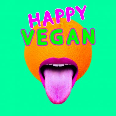 Modern tasarım kolaj sanat. Mutlu Vegan kavramı. Moda turuncu