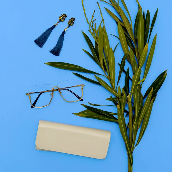 Glasses and Earrings. Stylish accessories for women. Flat lay mi — Stock Photo, Image
