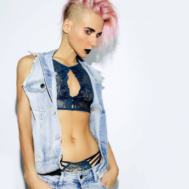  Erkek Fatma modeli seksi moda dantel kot pantolon ve iç çamaşırı kıyafeti