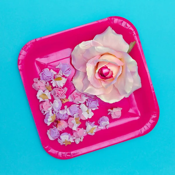 Roses flowers .Flat lay minimal art