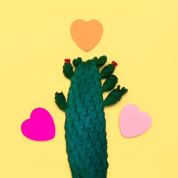 Cactus and Hearts. Minimal Art Flat lay