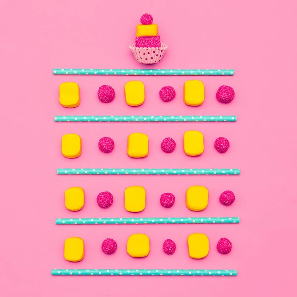 Conjunto de dulces. Amante del caramelo. Arte mínimo Flatlay — Foto de Stock