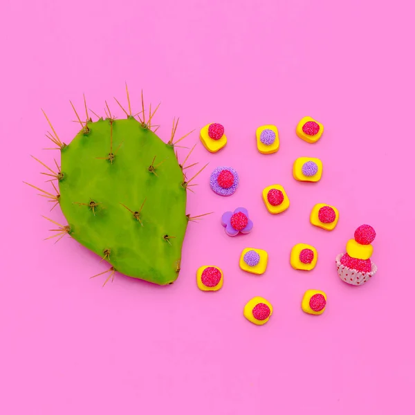 Dulces y Cactus Sweet Lover. Flatlay de moda mínima — Foto de Stock