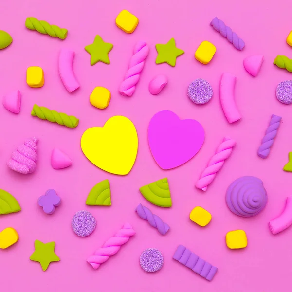 Sfondo di caramelle. Candy Minimal Flatlay art Tendenza pastello — Foto Stock