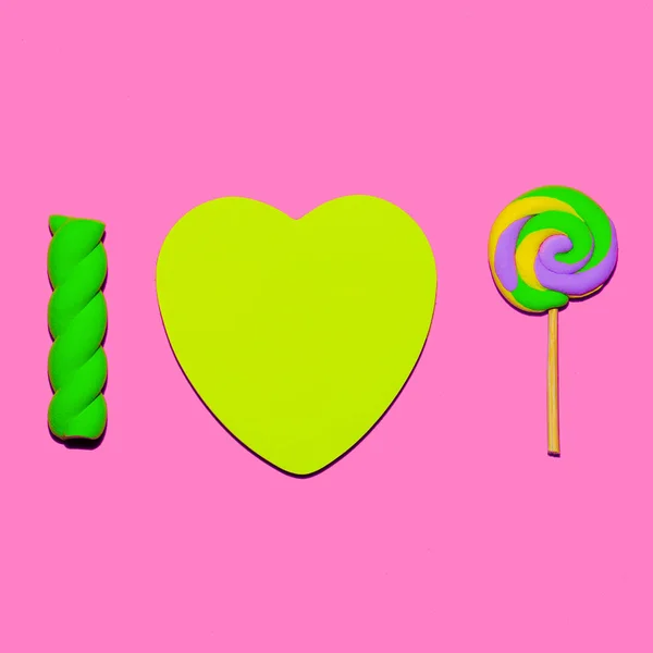 Lollipop och marshmallows. Candy humör Flatlay Art — Stockfoto
