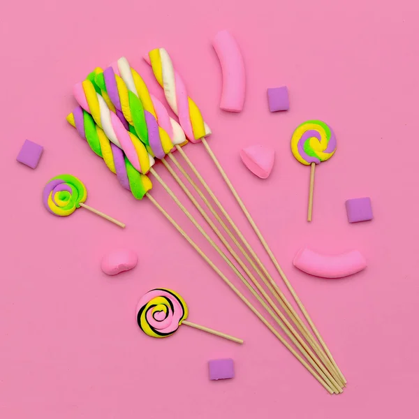 Marshmallow Candy Mix. Doce amor.Pink humor Flatlay arte — Fotografia de Stock