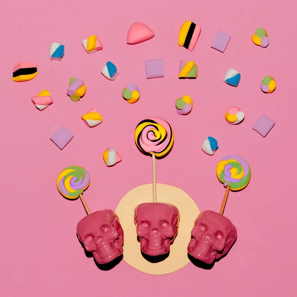 Crânios Pirulito. Sweet Candy mood Moda Flatlay art — Fotografia de Stock