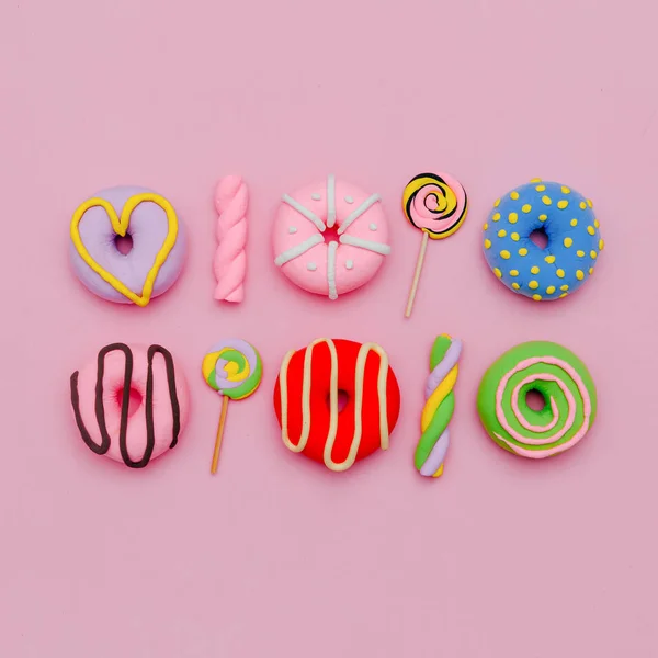 Moda Doce e Donuts. Pink Candy Minimal Flatlay art . — Fotografia de Stock