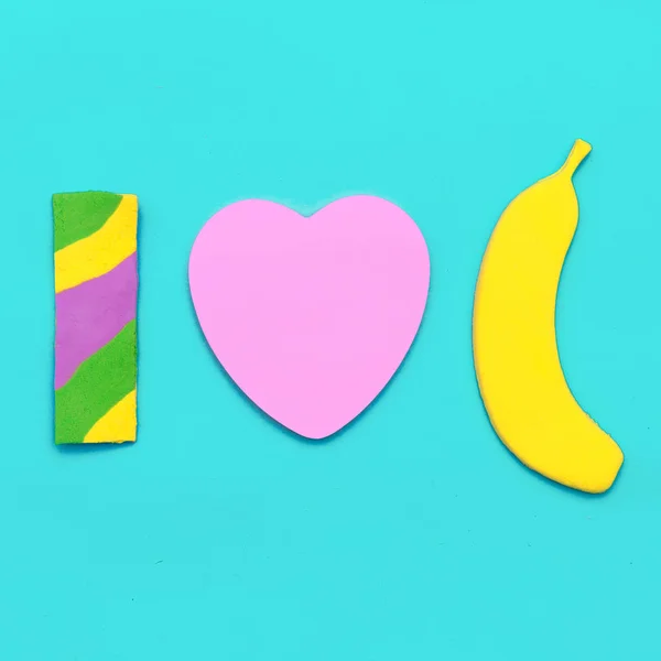 Sweet Candy moda Art Minimal flatlay. Uwielbiam banany — Zdjęcie stockowe