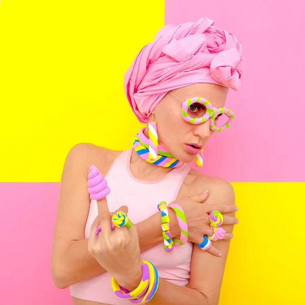 Candy fashion girl in sweet accessories. Candy minimal style — Stock Photo, Image