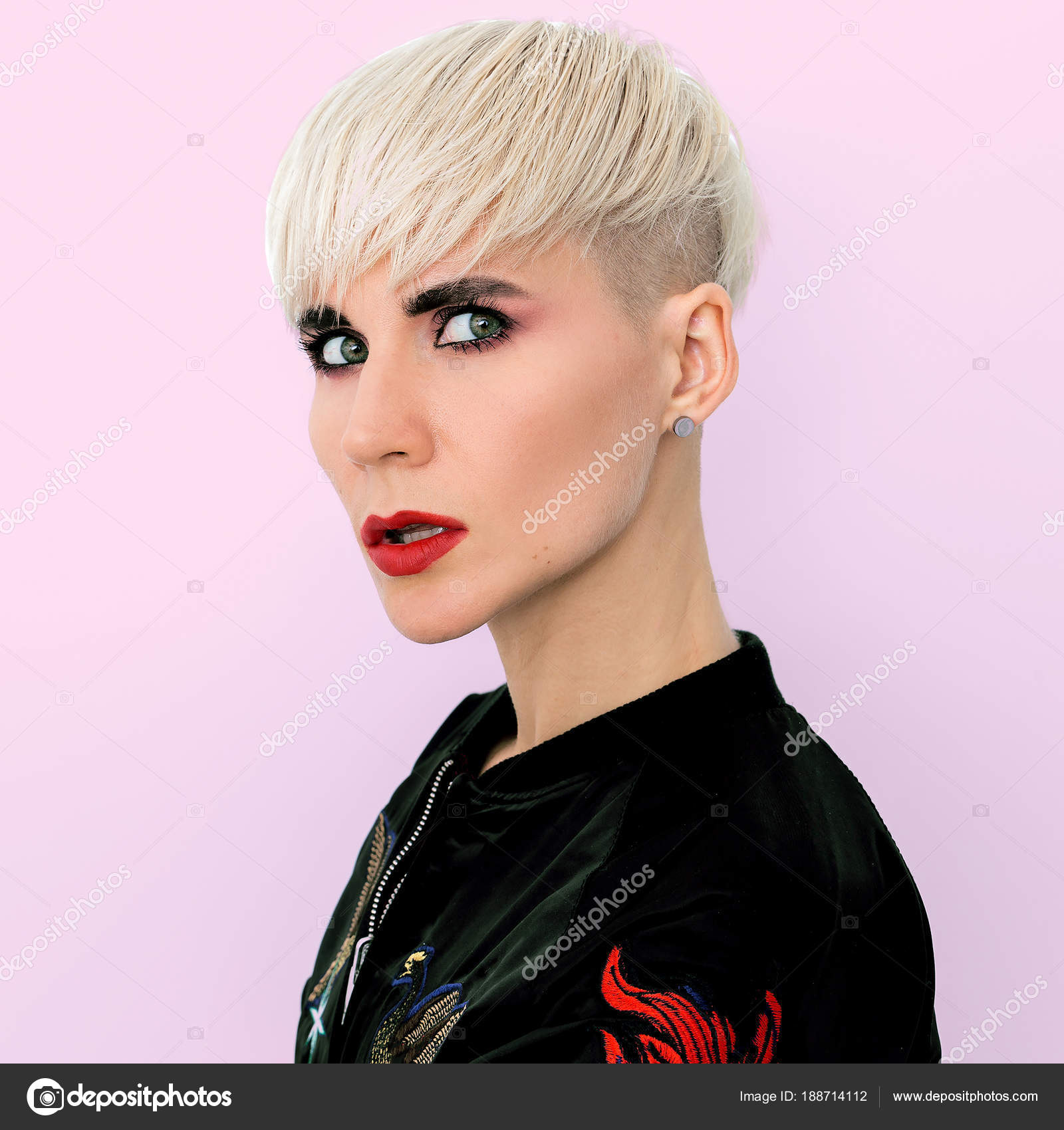 Blonde Model With Short Fashion Haircut Tomboy Style Stock Photo