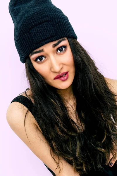 Happy Brunette Girl Smile Fashion Vibes — Stock Photo, Image