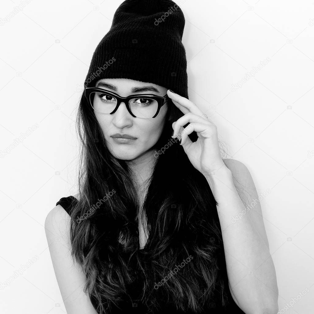 Swag Brunette Model in stylish glasses and beanie cap