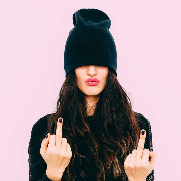 Aggressive brunette in fashion black clothes. Urban Swag style — Stock Photo, Image