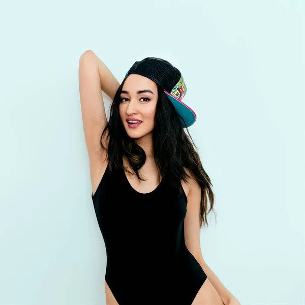Hipster teen Girl in fashion b-boy cap and swimsuit. Beach mood — Stock Photo, Image