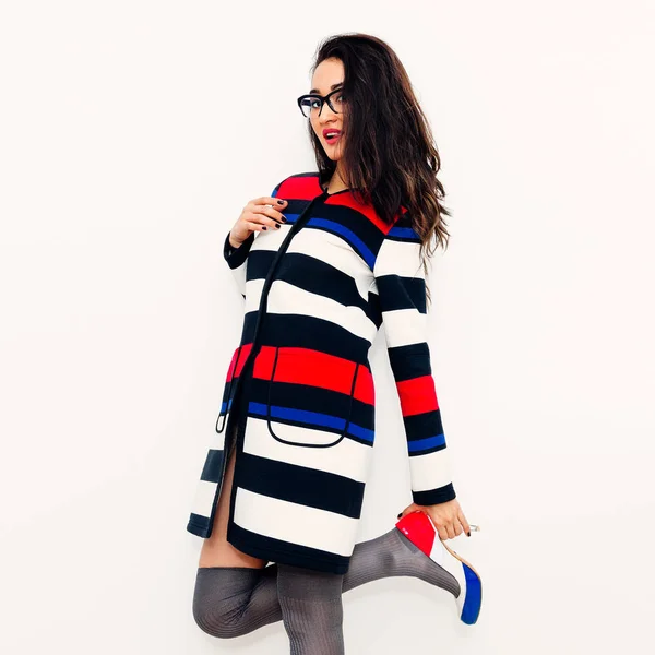 Brunette Girl in fashion striped coat and stylish Shoes. Lady  S — Stock Photo, Image