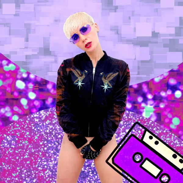 Stylish Tomboy Girl Fashion collage art. Purple Disco Glitter Mo — Stock Photo, Image