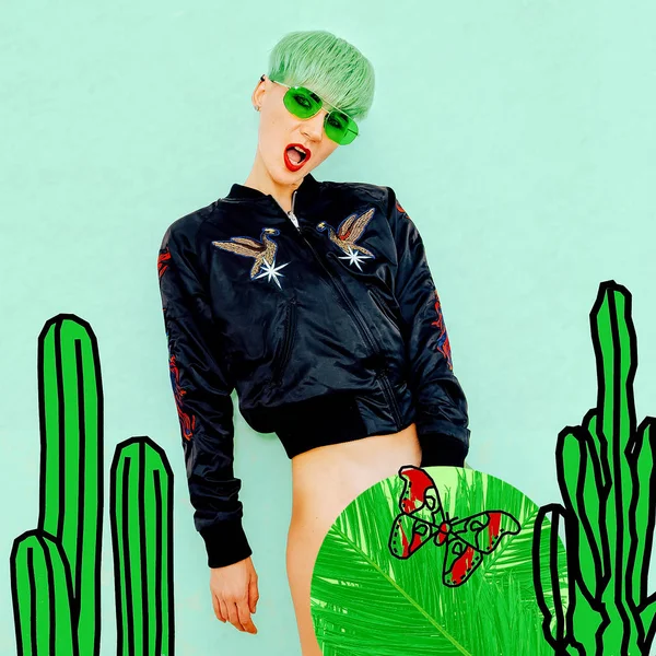 Stylish Tomboy Model Fashion collage art. Cactus lover.  Pop art — Stock Photo, Image