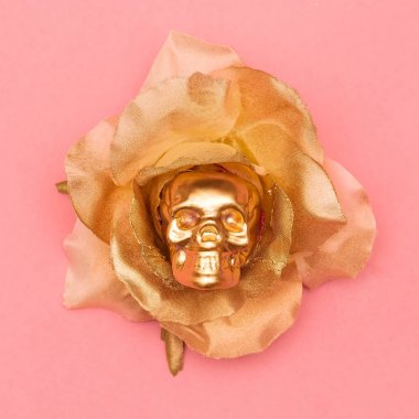 Moda kafatası ve rose. Düz yatıyordu minimal sanat