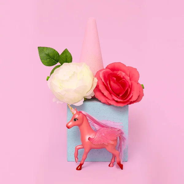 Unicorn toy in geometric flowers space. Minimal art. Pink vibes