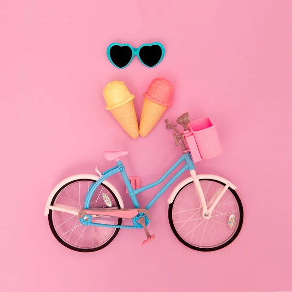 City bike toy and summer vibes. Minimal flat lay art