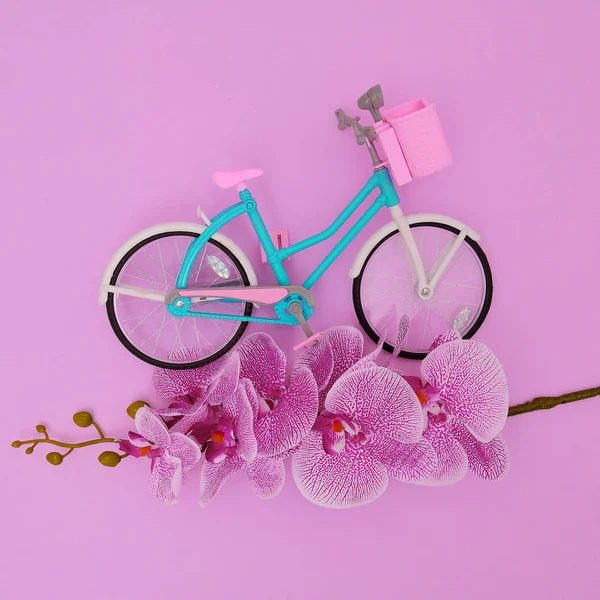 City bike toy and flowers Minimal flat lay art