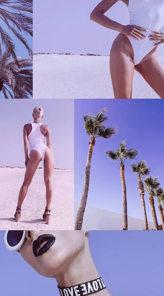 Moodboard estética de moda. Chica de playa. Playa vibras púrpura — Foto de Stock